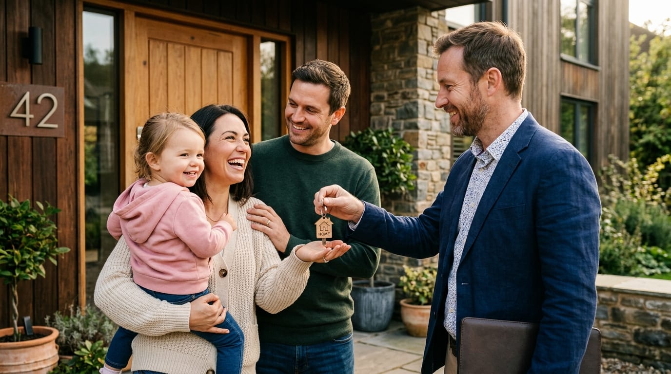 Entrega de llaves a una familia frente a su casa nueva