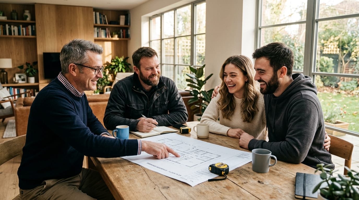 Reunión de proyecto: repasando el plano de la vivienda con la familia